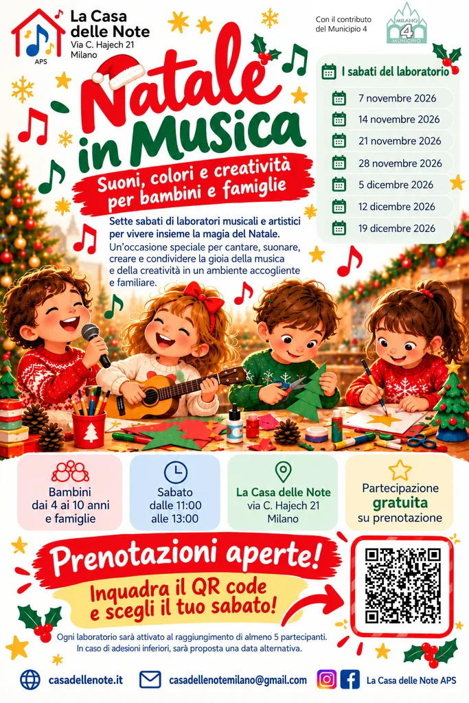 Locandina Natale in Musica 2026, con il contributo del Municipio 4 del Comune di Milano: laboratori gratuiti per bambini dai 4 ai 10 anni, sabato ore 11–13 dal 7 novembre al 19 dicembre, via C. Hajech 21, Milano